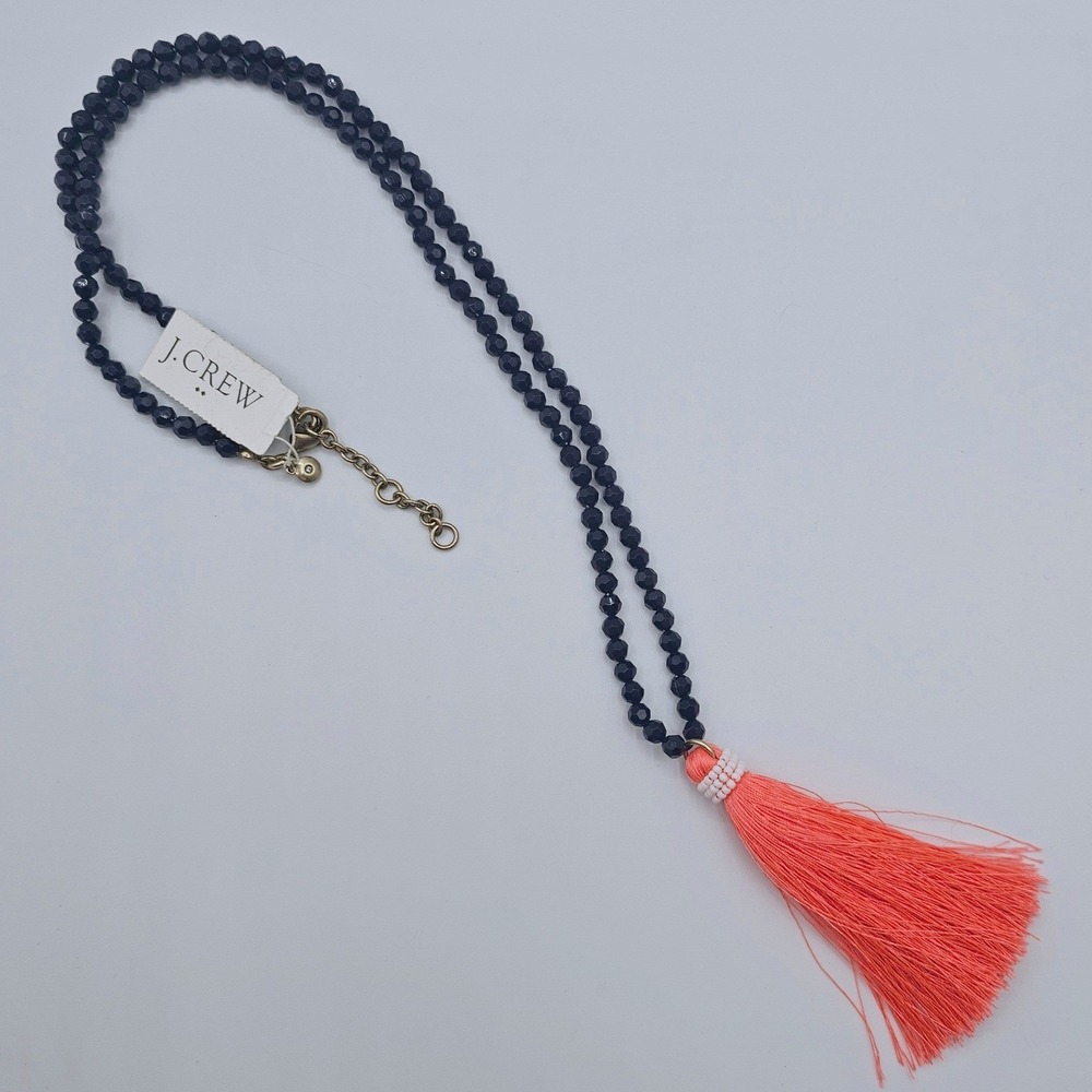 J.Crew Tassel Pendant Necklace Navy Blue Neon Pink Beaded Boho Chic